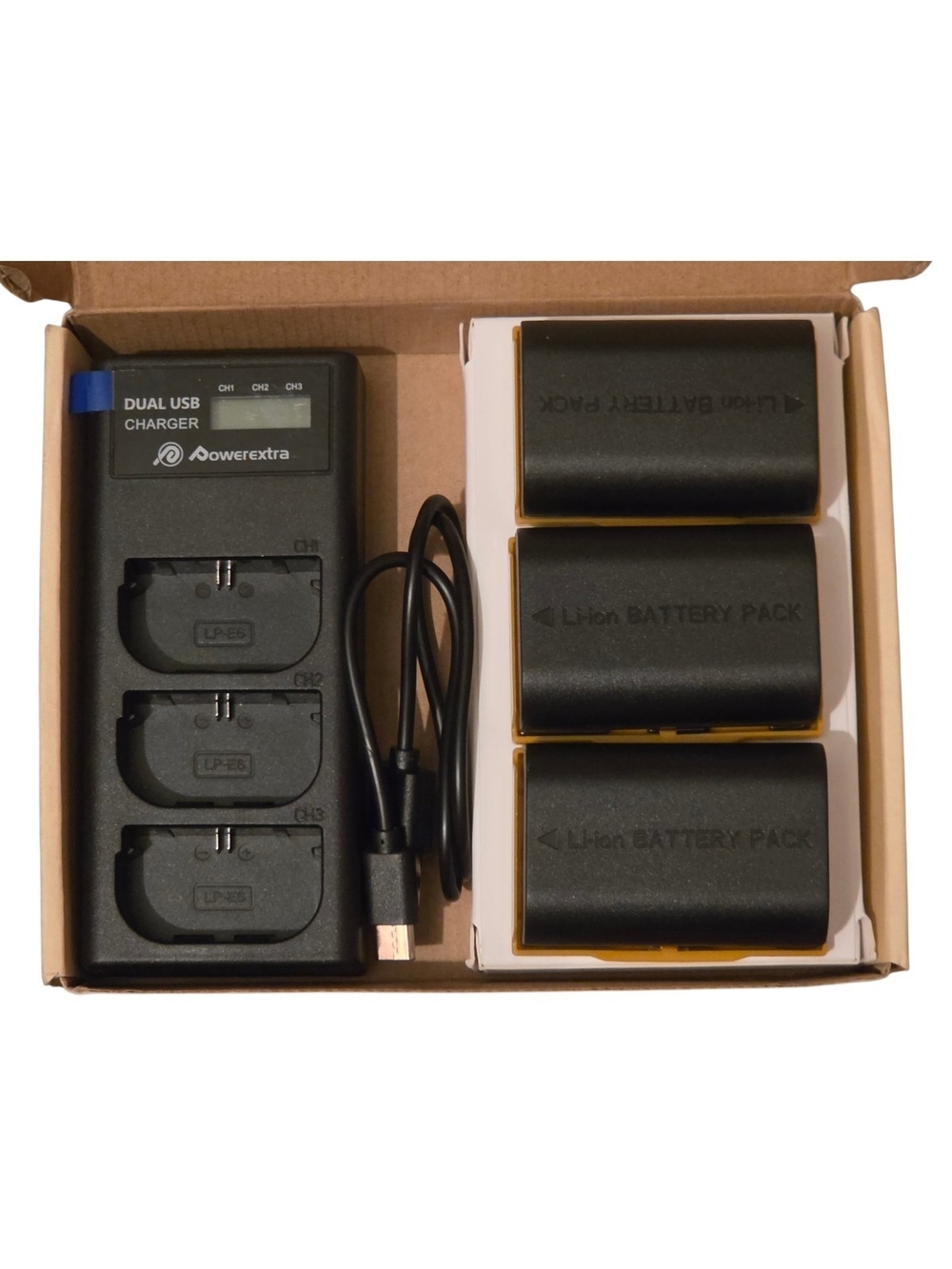​Powerextra LP-E6 Battery Charger & 3 Li-ion Battery Pack Set Canon Compatible *